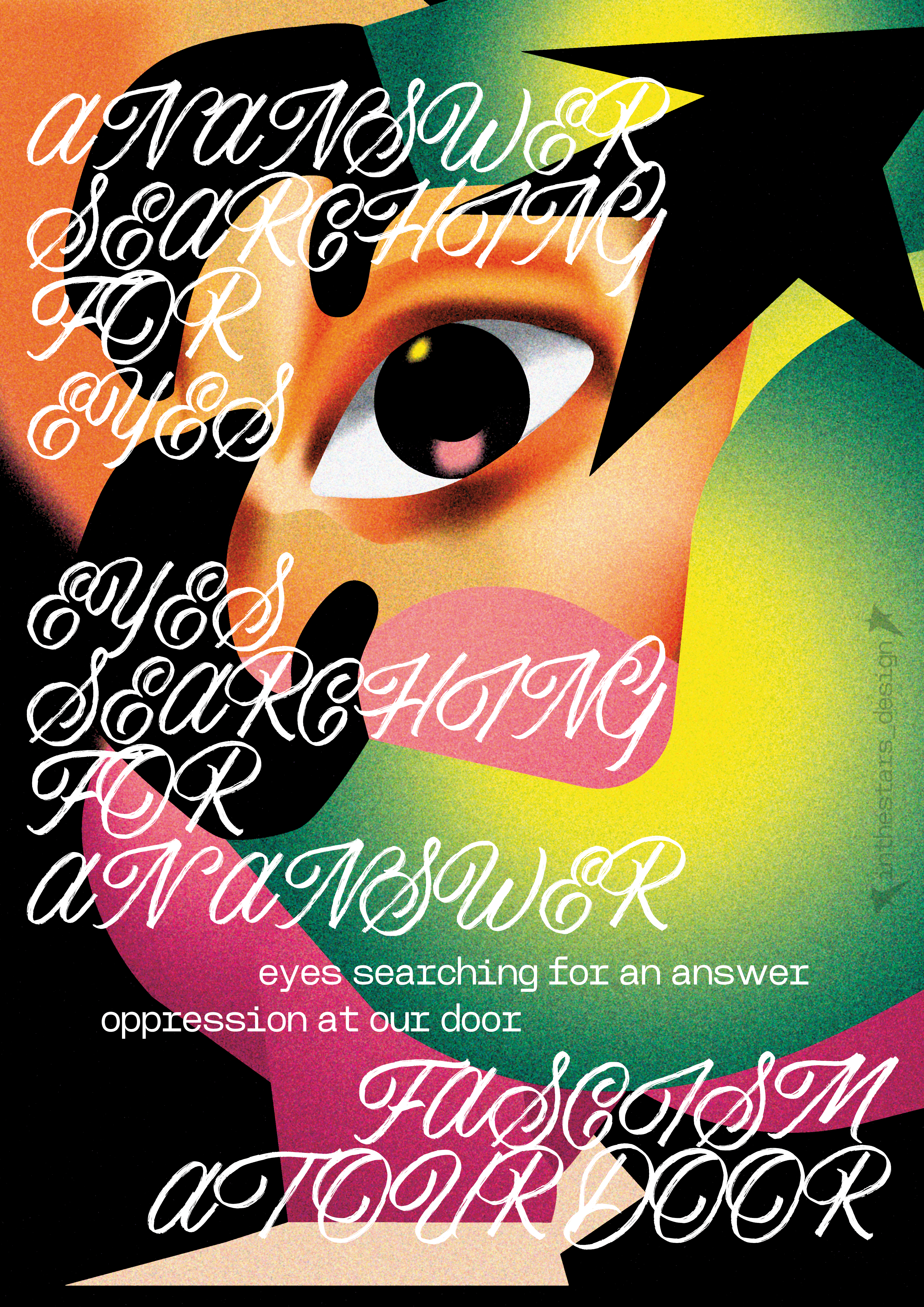 Illustration d'un oeil au milieu nous regardant directement avec un personnage à tête d'étoile le tenant. Version orange, verte et rose